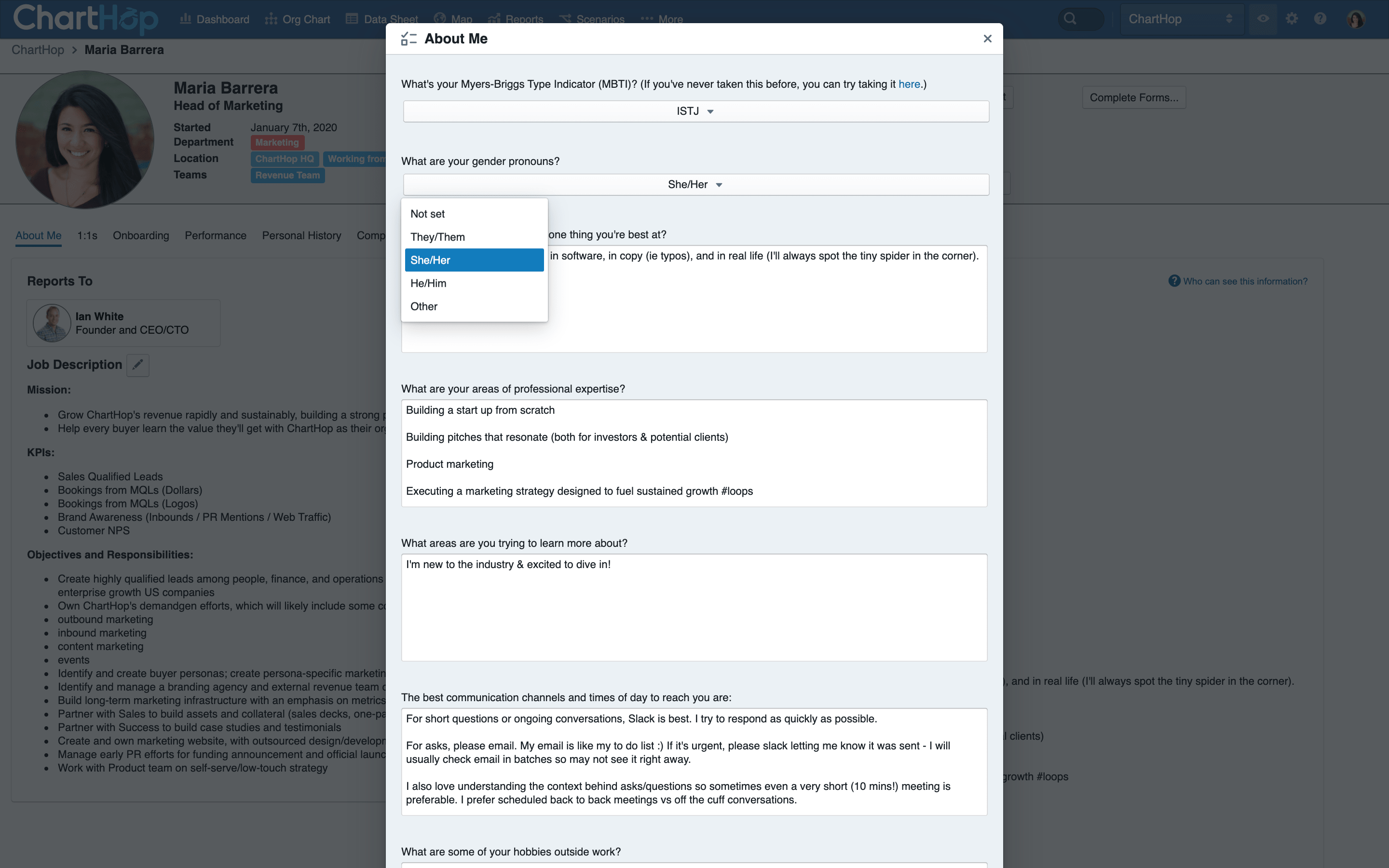 ChartHop's About Me form 